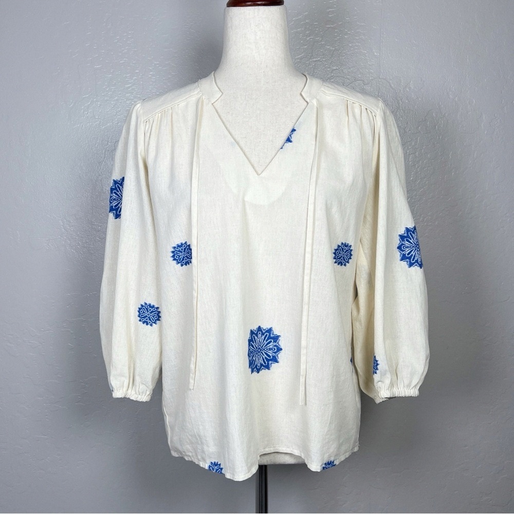 Chic Ivory Blouse with Blue Floral Design